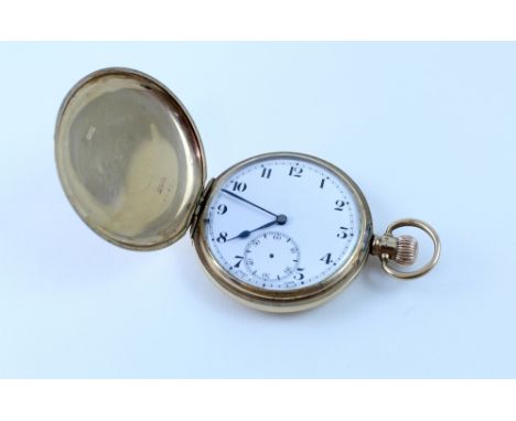 Dennison; a full hunter 9ct gold pocket watch, the dial set with black Arabic numerals and blue steeled hands, subsidiary sec