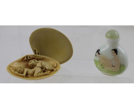 An early 20th century Japanese erotica surprise shell with pouch and a Chinese soapstone seal perfume bottle with erotic scen
