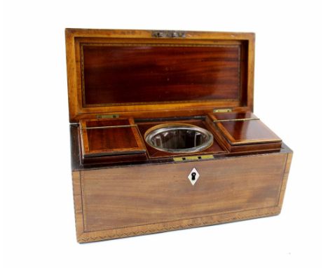A 19th century inlaid and cross banded tea caddy with fitted interior and mother of pearl escutcheon, width 28cm, height 13cm