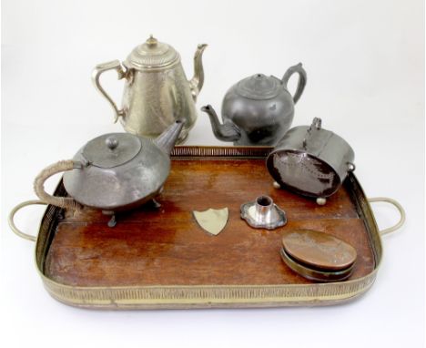 A quantity of vintage and antique metal ware to include tools, Art Deco wall lamp, marmalade press, candelabra, tea set etc.