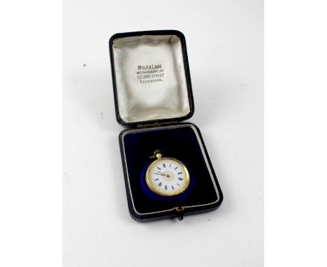 An 18ct yellow gold ladies' fob watch, the enamel and gilded dial set with Roman numerals, approx 28.9g. CONDITION REPORT Inn