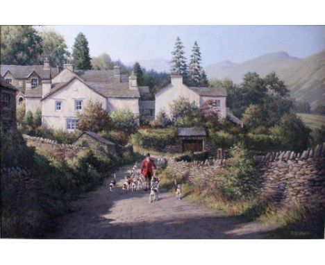 R MOSELEY (b 1931): oil on canvas depicting 'The Whipper-In' leading the pack of hunt hounds through country lane, 44 x 59cm,