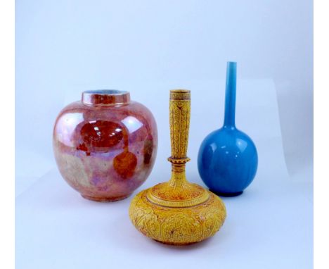 Various items of art and decorative pottery including two Burmantofts bottle vases, a large Lowleys jar, a small Linthorpe po