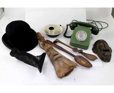 Various collectibles including a vintage green telephone (7 series), an antique black 'Best Fur' bowler hat, size 7 1/8, a wo