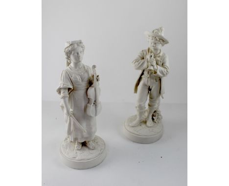 AFTER A J MORRIS: a pair of Parian ware figures of musicians, one of a lady holding a viola, the other of a man playing a pip