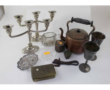 A mixed group to include vintage electric copper kettle, plated pair of candelabra, a pair of electroplated chalices, carved 