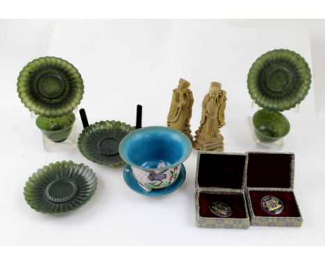 A group of Oriental items including cloisonné cup and cover, four green possibly nephrite scalloped saucers and two similar j