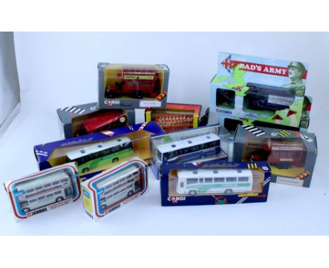 A mixed group of diecast buses including Corgi Classics, Corgi London Transport, Corgi 'Dad's Army', Corgi coaches, Solido Lo