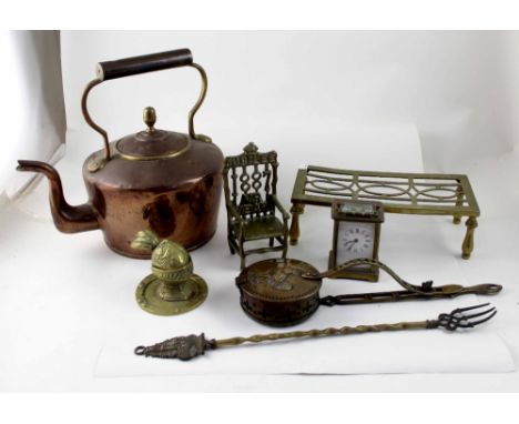 A Middle Eastern folding brass top table and additional brass tray to, also various items of brassware to include a 19th cent