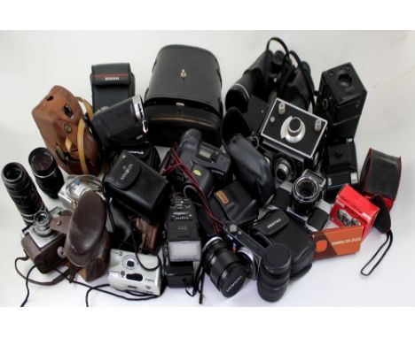 A collection of modern and vintage cameras to include Minolta, Nikon, Dell Monta, Ilford, Binoculars etc.