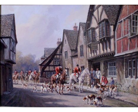 R MOSELEY (b 1931): oil on canvas, 'The Hunt Stopping for a Drink at the Angel Inn', signed, 44 x 59cm, in ornate gilt frame.