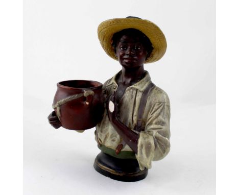 A painted plaster figure of a male wearing a straw hat, impressed marks to the underside, probably Goldscheider, height 19cm 