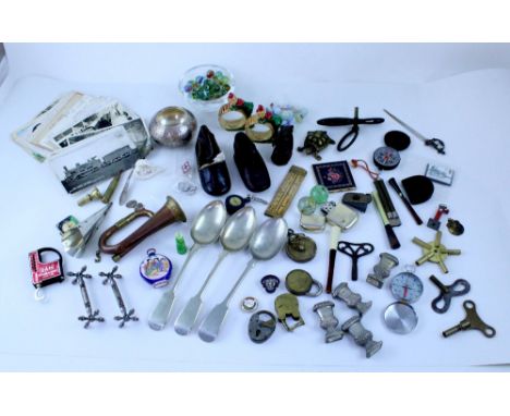 Various mixed collectibles including vintage marbles, copper horn, Oriental snuff bottle, knife rests, Art Deco Bakelite long