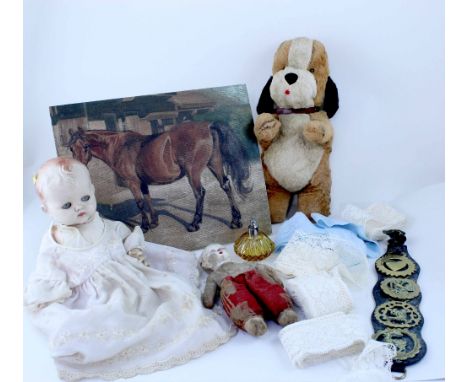 A collectors' lot to include a cine-camera, wood box, painting depicting a horse, horse brasses, vintage dolls to include a s