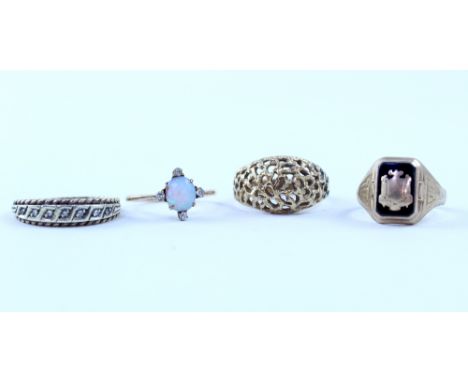 A collection of gold items to include a 9ct gold basket pierced ring, a 9ct gold ring set with opal and four diamonds, a neck