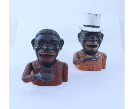 Two vintage cast iron 'Jolly Man' money banks including one with white hat (2).
