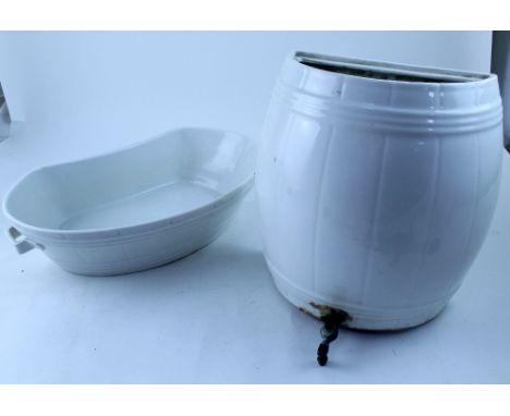A late 19th century white glazed pottery half barrel wall-mounted water/beer dispenser with brass tap, height 32cm and a whit