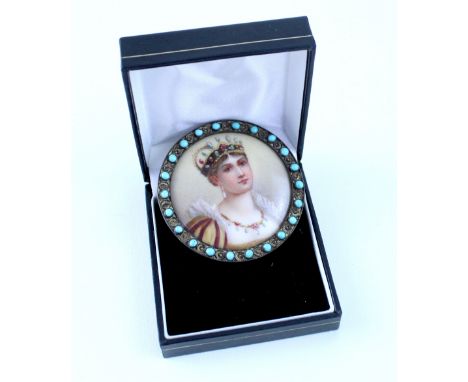 A late 19th century portrait miniature depicting a crowned princess set within a turquoise jewelled circular mount, indistinc