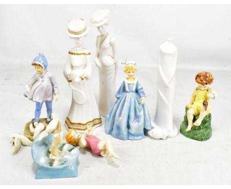 Four Royal Worcester figures comprising 'Friday's Child Is Loving and Giving', 'Grandmother's Dress', 'Fantails' and 'July', 