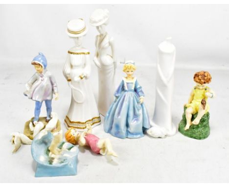 Four Royal Worcester figures comprising 'Friday's Child Is Loving and Giving', 'Grandmother's Dress', 'Fantails' and 'July', 