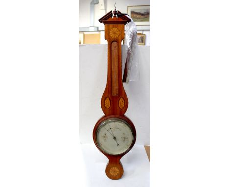 An Edwardian mahogany and satinwood inlaid banjo barometer, height 98cm (af). CONDITION REPORT Thermometer detached but prese