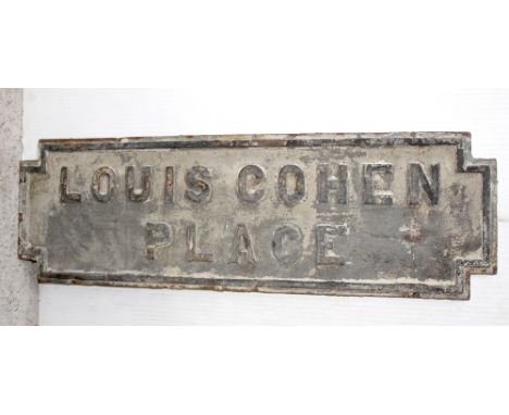 A cast iron Liverpool street sign 'Louis Cohen Place', white painted background, indistinct faded red number, 33 x 104cm. Foo