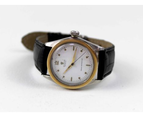 Rolex; a c1956 gentlemen's stainless steel and gold wristwatch, 34mm, last serviced in 2019 by Truro Goldsmiths. CONDITION RE