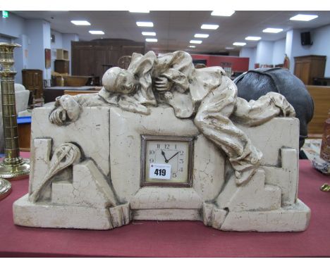 A Circa 1930's Art Deco Figural Mantel Clock, of a reclining Pierrot with abandoned lute, 45cm wide.