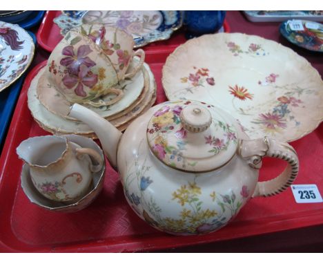 Royal Worcester Handpainted Teapot, featuring multicoloured flowers on a blush ivory ground (chipped), green backstamp, bread