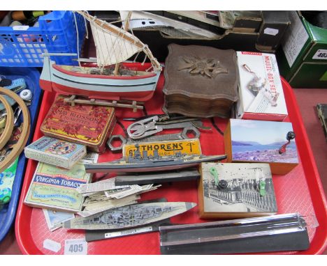 Thorens and Other Musical Boxes, cigarette cards, models, harmonica, etc:- One Tray