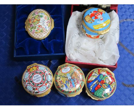 Five Halcyon Days Annual Enamel Trinket Boxes - Christmas 1996 to 1999 and another oval trinket box for 1997 (two boxed). (5)