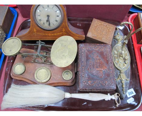 John Heath of Birmingham Letter Scales, with three inset weights, Edwardian mantel clock, fly whisk, etc:- One Tray