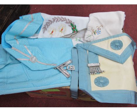 Toye &amp; Kenning Masonic Sash and Apron, embroidered and crocheted linens:- One Box
