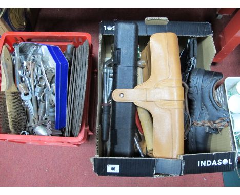Torque Wrench, Spanners, Arrow Swift Cutting Discs, other tools, work boots:- Two Boxes