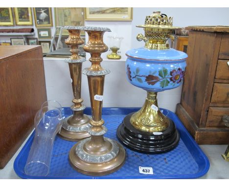 A XIX Century Oil Lamp, glass funnel, glass well, with painted floral decoration (cracks to the well) on a stepped base, toge