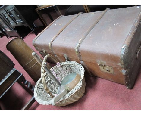 Three Ply Wood Foundation Trunk, copper coal hod, posser stick, wicker basket, etc.