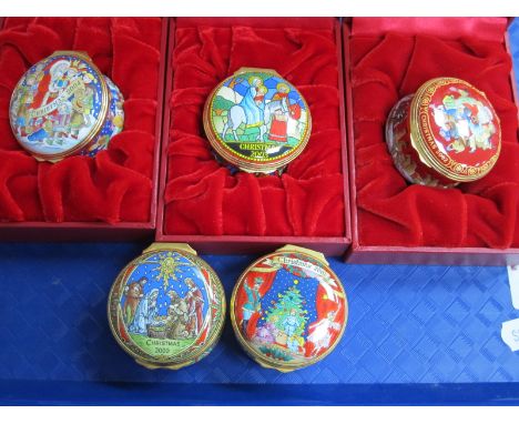 Five Halcyon Days Annual Enamel Trinket Boxes - Christmas 2000 to 2004 (three boxed). (5)