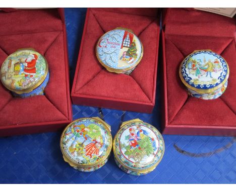 Five Halcyon Days Annual Enamel Trinket Boxes - Christmas 2005 to 2009 (three boxed). (5)