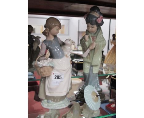 Lladro Oriental Lady with Parasol (loose), stamped 19.5, Lladro Girl Holding Lamb and Basket, 24cm high. (2)