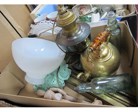 Brass Stair Rods, oil lamp, brass kettle, glass bottles, etc:- One Tray