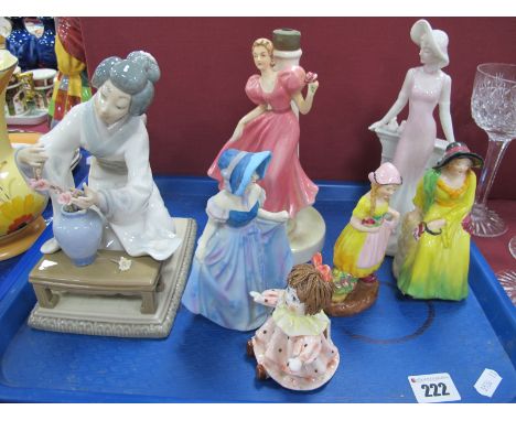 Lladro Japanese Lady (thumb damage), Arcadian 'Lady Marie' and 'Tulips Girl', other ceramic figures. (7):- One Tray