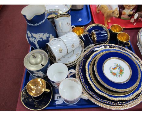 Adams Jasperware Preserve Pot, a similar jug, Crown Devon blue and gilt coffee cans and saucers, Foley Coronation mug, Minton