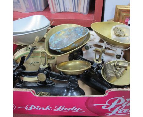 Boots, Nottingham Cast Iron Kitchen Scales, with brass pans, a further Libra Scale Co set of scales, various brass weights an