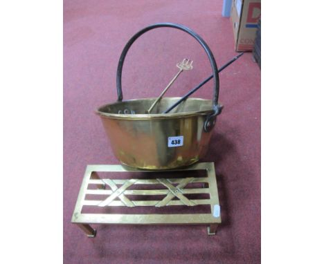 XIX Century Brass Trivet Stand, stamped 'W.T. &amp; S', 30cm wide, jam pan, having iron loop handle, toasting fork and poker.