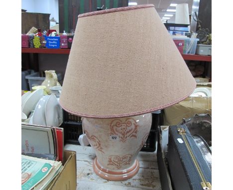 A Large Italian Pottery Table Lamp, peach and white, with large peach shade, overall height 63cm (electrically untested).