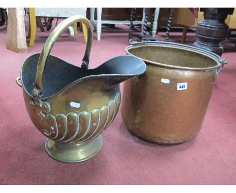 Copper Log Bucket, having fall iron handle, 35.5cm diameter; brass coal helmet with lobed front. (2)