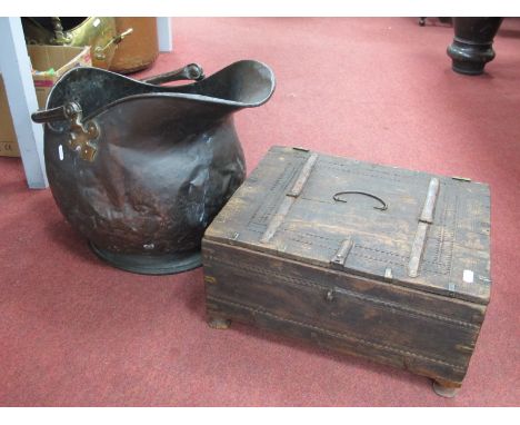 A Large XIX Century Copper Coal Helmet (with faults), Continental wooden box, having carry handle to lid. (2)