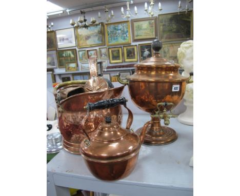 XIX Century Copper Tea Urn, with ebonised and brass handles and tap, 39cm high, kettle, coal helmet, bellows and planter.