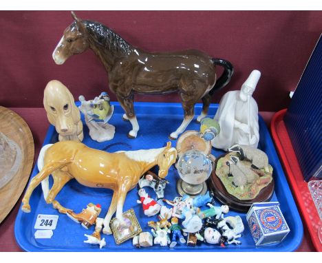 Beswick (damaged) and Sylvac Pottery Horses, Sylvac dog, Goebel Blue Titmouse, miniature figures and Huntley &amp; Palmers ti