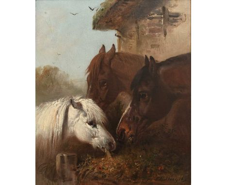 Edward Robert Smythe (1810-1899)Three horses grazingSigned E R Smyth (lower right)Oil on canvas35.8 x 30.8cm; 14 x 12¼inProve